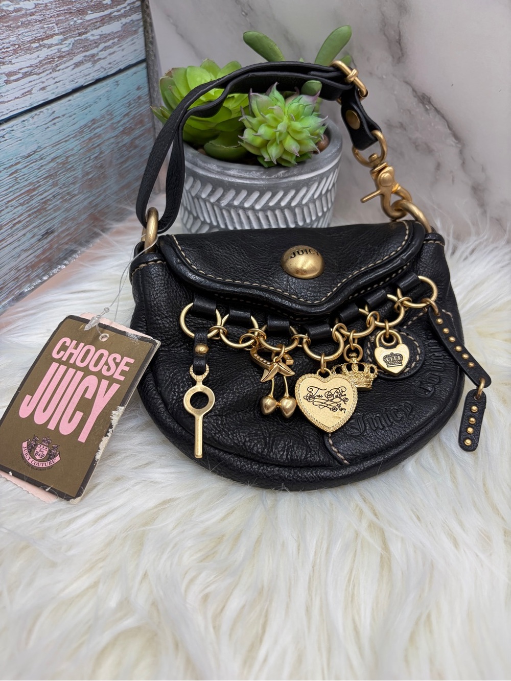 Vintage Juicy Couture Black Leather Charm Wristlet with Gold Hardware